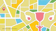 Editorial illustration combining a colorful city map with a uterus diagram overlaid on the street grid, with a red location pin marker.