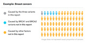 Icon-driven infographic showing breast cancer causes: one gray figure for three variants in report, five blue for BRCA1/BRCA2 variants not in report, and many orange figures for other factors.