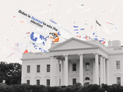 Editorial collage showing the White House in black and white with colorful FiveThirtyEight election forecast graphics and the fox mascot flying above it.