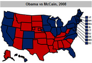 US electoral map showing Obama vs McCain 2008 election results with states colored red for McCain and blue for Obama, including a legend for small northeastern states.