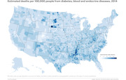 Choropleth map of the US showing estimated deaths per 100,000 people from diabetes, blood and endocrine diseases by county in 2014, with darker blue indicating higher mortality.