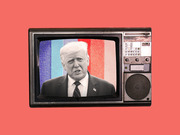 Editorial illustration of a black-and-white figure resembling Donald Trump displayed on a vintage television set against a coral-red background with blue and red vertical stripes.
