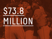 Editorial infographic showing $73.8 million in large white text over a red-tinted photo of Houston Astros baseball players celebrating.
