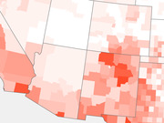 Choropleth map of the southwestern United States showing county-level data with a red color gradient, darker red indicating higher values.
