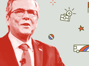 Editorial illustration of a politician in red duotone against a light background with campaign-themed icons including a camera, star, bus, and prohibition symbol.