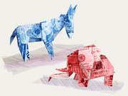 Editorial illustration of origami Democratic donkey and Republican elephant folded from US currency bills, placed on campaign finance documents.