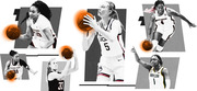 Editorial collage of five women's college basketball players in grayscale with orange-highlighted basketballs, representing teams including UConn, Baylor, Texas A&M, Stanford, and South Carolina.