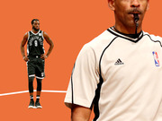 Editorial illustration showing a Brooklyn Nets player number 9 standing next to a close-up of an NBA referee blowing a whistle, on an orange background.