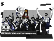 Stylized black-and-white editorial illustration of the UConn Huskies celebrating with the NCAA championship trophy, with decorative geometric elements.