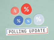 Decorative editorial illustration showing red and blue circles with percent signs of varying sizes above a Polling Update label on a teal background.