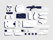 Flat illustration showing all the individual armor pieces, weapon, and accessories that make up a Star Wars Stormtrooper costume laid out in a knolling style.