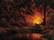 A Bob Ross painting of a figure resting by a campfire near a reflective pond in a dark forest with warm orange and red tones.