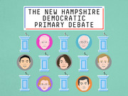 Illustrated editorial graphic showing cartoon portraits of Democratic primary debate candidates at podiums for the New Hampshire Democratic Primary Debate.