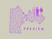 Editorial illustration showing a purple outline of Rhode Island filled with triangle patterns, with three people standing on it and the word PREVIEW below.