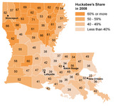 Choropleth map of Louisiana parishes showing Huckabee's vote share in the 2008 primary, with darker orange indicating higher percentages.