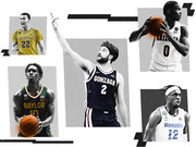 Editorial collage of five college basketball players in jerseys from Michigan, Gonzaga, Arizona, Baylor, and Memphis.