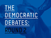 Blue-tinted editorial illustration featuring a donkey with bold text reading The Democratic Debates: Round 2