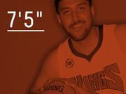 Red-tinted editorial graphic showing a Sacramento Kings basketball player holding a Spalding ball with large text displaying his height of 7 feet 5 inches.