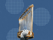Editorial illustration of hands holding up the MLB World Series Commissioner's Trophy against a blue background with grid pattern overlays.