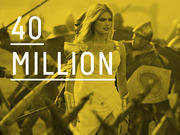 Yellow-tinted editorial graphic showing a warrior-themed woman in armor overlaid with large text reading 40 Million, referencing a data point about a game or topic.