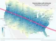 Color-coded map of North America showing estimated drive time in hours to the path of the August 21, 2017 total solar eclipse, with the eclipse path marked as a pink band.