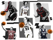 Editorial collage of six college basketball players in grayscale with orange basketballs, representing teams including Iowa, Kansas, South Carolina, Houston, Oklahoma, and UConn.