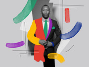 Editorial collage illustration of a man in a suit surrounded by colorful abstract brush strokes and geometric shapes on a grey background.