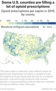 Choropleth map of the US showing opioid prescriptions per capita in morphine milligram equivalents by county in 2015, with darker blue indicating higher rates.