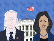 Editorial cartoon illustration of Joe Biden and Kamala Harris standing in front of the White House with Democratic Party donkey symbols in the blue background.