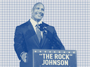 Blue-tinted editorial illustration of Dwayne 'The Rock' Johnson smiling at a podium labeled 'The Rock' Johnson, set against a grid background.
