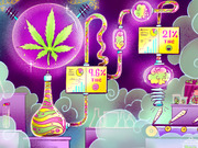 Colorful psychedelic editorial illustration of a cannabis lab with a marijuana leaf, laboratory flasks, brains, and signs showing 9.6% THC and 21% THC.