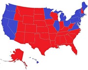 US electoral map showing states colored red or blue, likely representing Republican and Democratic party results in a presidential election.