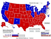 2012 US Electoral College map showing Obama with 265 electoral votes in blue and Republican with 273 in red, with state-by-state electoral vote counts.