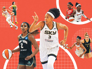 Editorial collage illustration of WNBA players from multiple teams including Chicago Sky, New York Liberty, Las Vegas Aces, Seattle Storm, Washington Mystics, Connecticut Sun, and Dallas Wings on a red background.