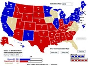 2012 US Electoral College map showing states colored blue for Obama Democrat, red for Republican, and tan for undecided, with electoral vote counts per state.