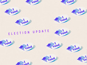Decorative editorial illustration showing a repeating pattern of I Voted stickers with American flags on a beige background, with the text Election Update in the center.