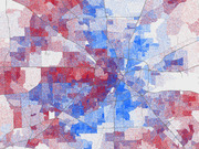 Dot-density or choropleth map of a metropolitan area showing political or demographic distribution using red and blue coloring by census tract or precinct.