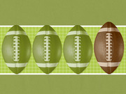 Four green footballs and one brown football arranged in a row on a green grid background, suggesting one stands out from the rest.