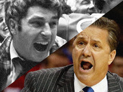 Editorial composite image showing two basketball coaches shouting, one in black and white and one in color, split diagonally.