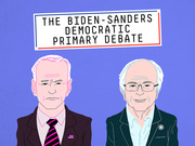 Editorial cartoon illustration of Joe Biden and Bernie Sanders with a title banner reading The Biden-Sanders Democratic Primary Debate.