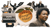 Editorial collage featuring Georgia voter sticker, Vote Warnock signs, protesters, and political figures including Stacey Abrams related to Georgia Senate runoff elections.