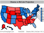 US electoral map showing Obama vs McCain 2008 election projection with states colored blue for Obama and red for McCain, dated October 8 2008.