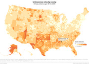 Choropleth map of US uninsurance rates by county among citizens ages 18-64 in 2016, with Greene County, AL highlighted at 13% uninsured.