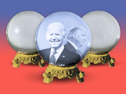 Editorial illustration showing Joe Biden and Donald Trump facing back-to-back inside a crystal ball, flanked by two empty crystal balls on a red-to-blue gradient background.