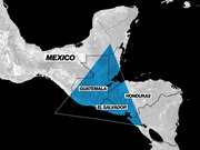 Map of Central America highlighting Guatemala, El Salvador, and Honduras in blue within a triangle shape, with Mexico labeled to the north.