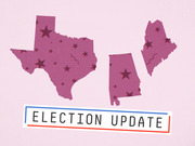 Editorial illustration showing silhouettes of Texas, Alabama, and Maine decorated with stars above an Election Update label with red and blue borders.