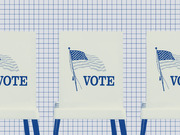 Editorial illustration showing three voting booths with American flags and the word VOTE on a blue grid background.