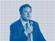 Blue-tinted editorial photo illustration of a man in a suit holding a microphone, set against a grid-paper background.