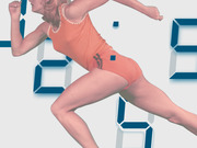 Editorial illustration of a female sprinter running against a background of large blue digital clock numbers, suggesting athletic speed and timing.