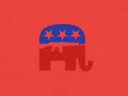 Editorial illustration showing the Republican Party elephant symbol with an assault rifle silhouette overlaid on its body, on a red background.